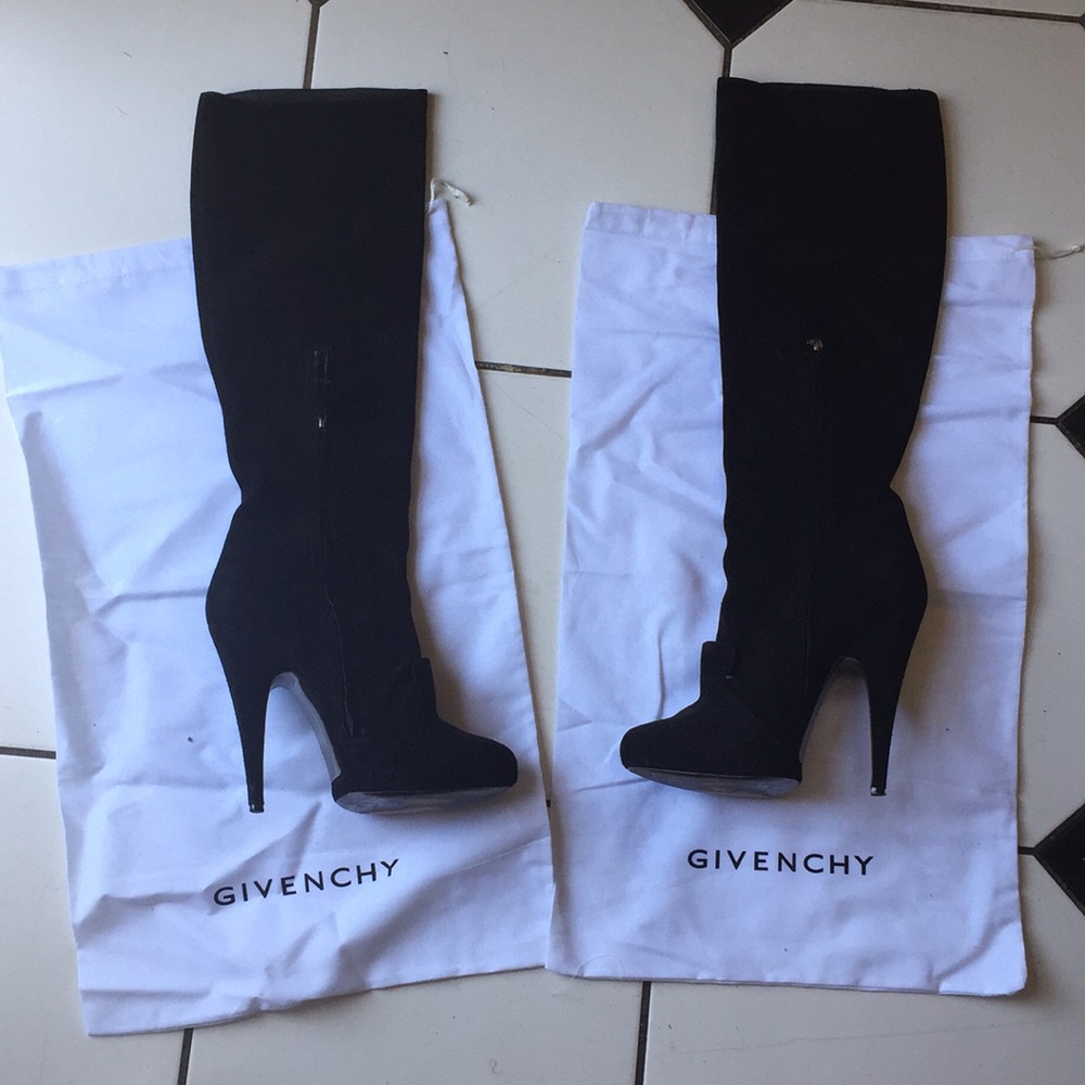 Givenchy Suede Knee High Heeled Boots.